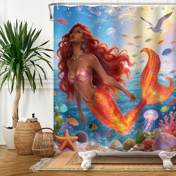 Ocean Mermaid Shower Curtain Sea Coastal Seashell Bathroom Curtain Decor 72x72 in
