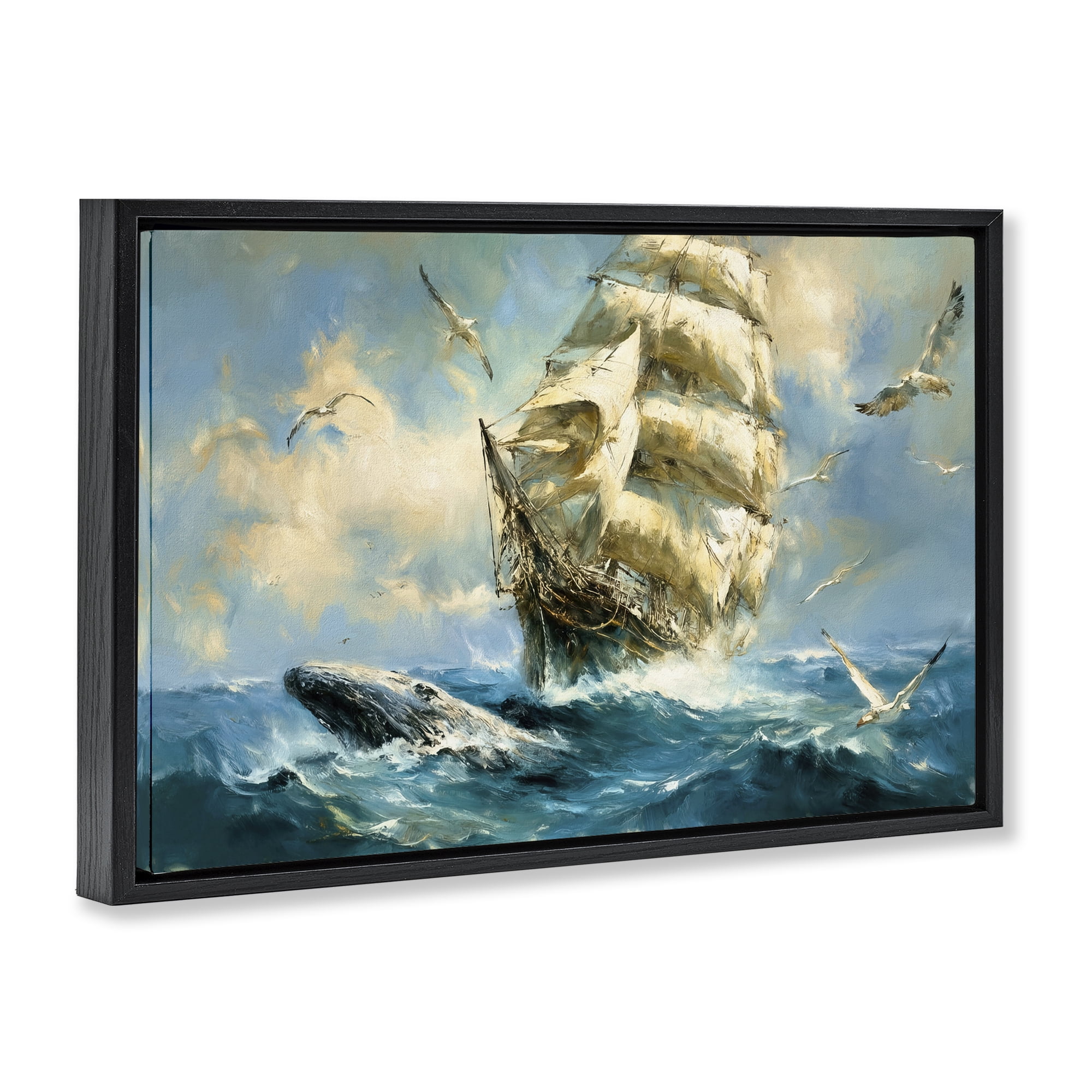 Stupell Industries Clipper Ship & The Whale Black Framed Floater Canvas Wall Art, design by Tina LeCour