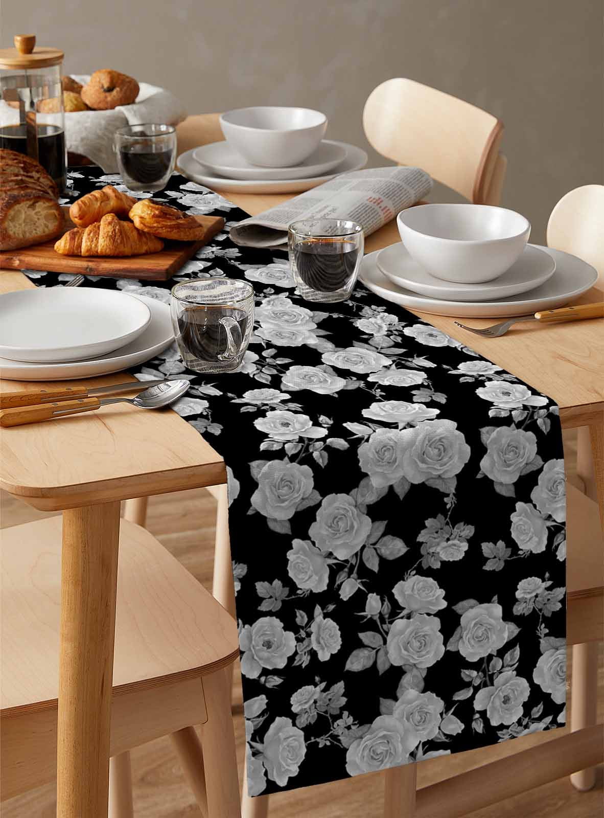 Black Floral Table Runner Cotton Linen 120 Inch Holiday Dresser Scarves, Farmhouse Garden Flowers Botanical Tablerunner for Kitchen Coffee Dining Bedroom Living Room Dinner Scarf Décor 13''x120''