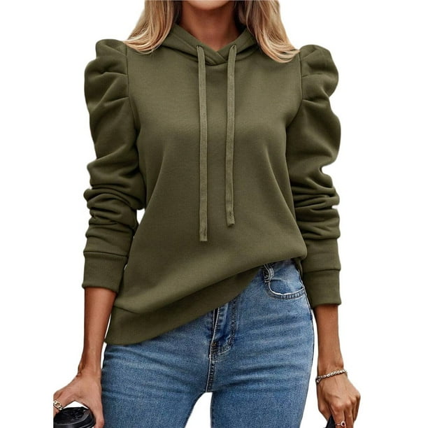 Sudadera con Capucha de Larga Abullonada y Cordón Ajustable para Mujer, Estilo Informal, para Otoño e Invierno Verde L