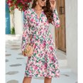 thumbnail image 4 of Vestido cruzado con cuello en V para mujer, manga larga, estampado elástico, cintura alta, dobladillo dividido, vestido elegante rosa púrpura L, 4 of 7