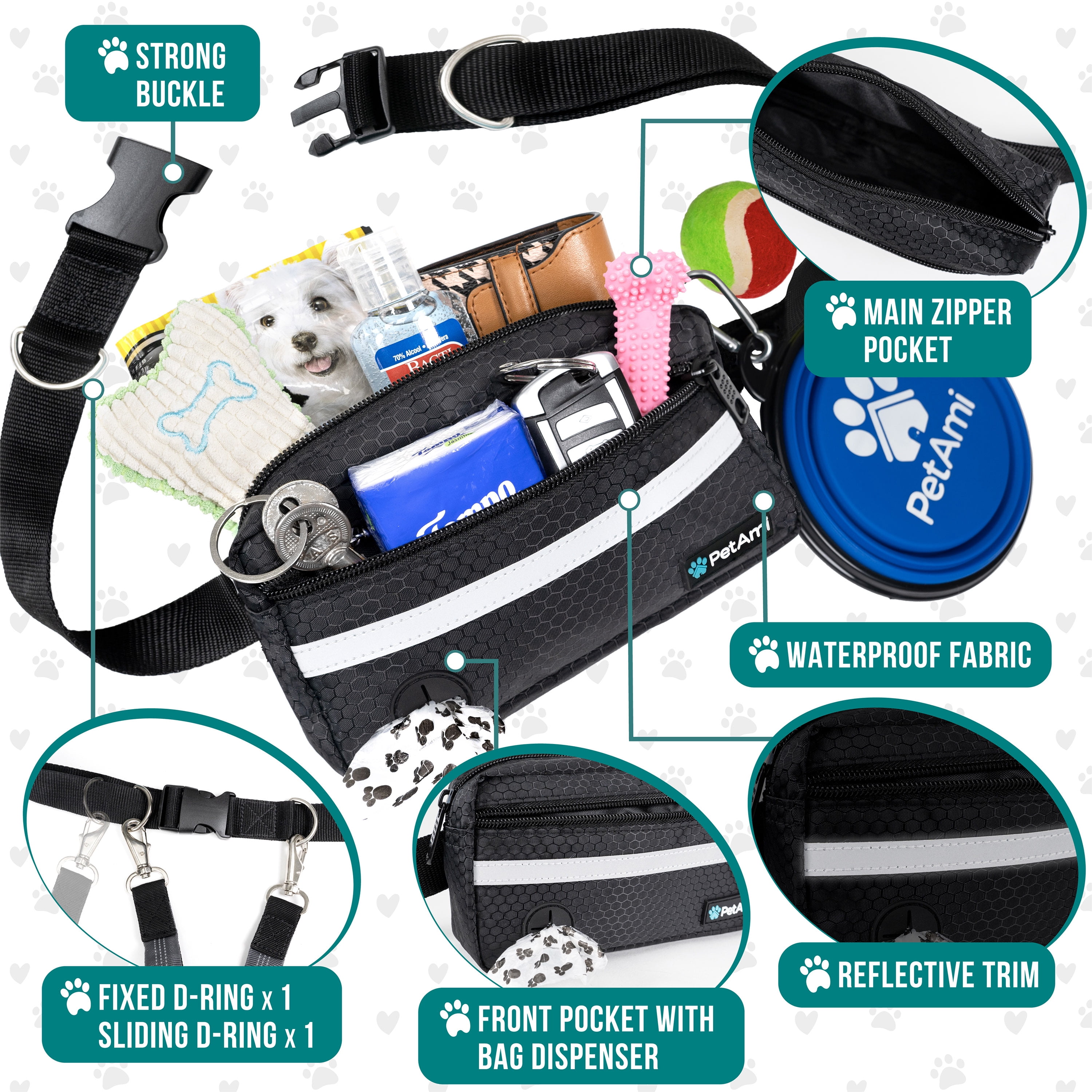 PetAmi Hands Free Dog Leash, Dog Running Leash Belt for Walking Jogging, Dog Waist Zipper Pouch Fanny Pack with Poop Bag Dispenser, Dual Padded Handle Bungee Leash for Small Medium Large Dogs, Double