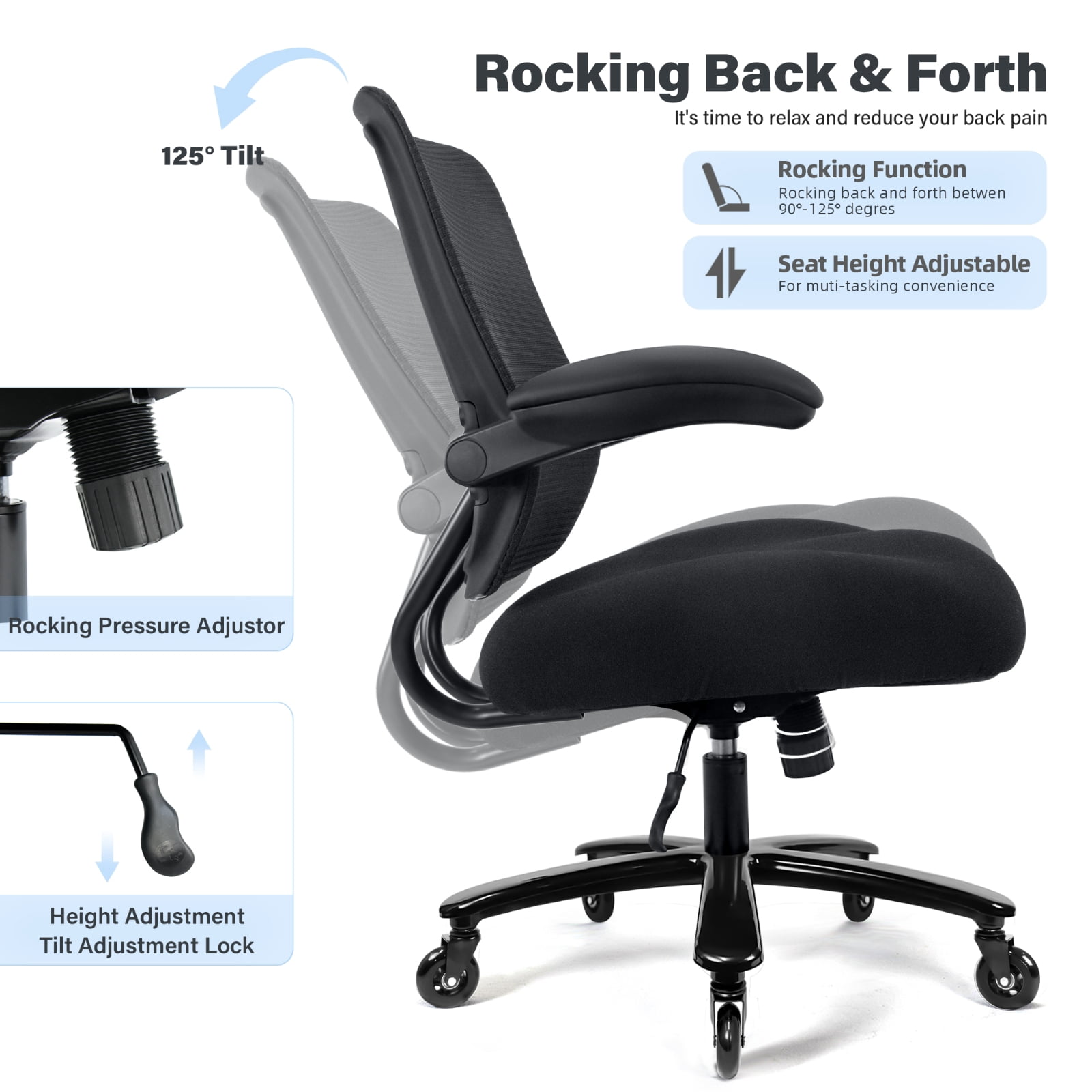 Big and Tall Office Chair 500 lbs, Heavy Duty Ergonomic Mesh Computer Chair with Wide Seat, Flip-up Armrests, Metal Base and Blade Wheels, Black