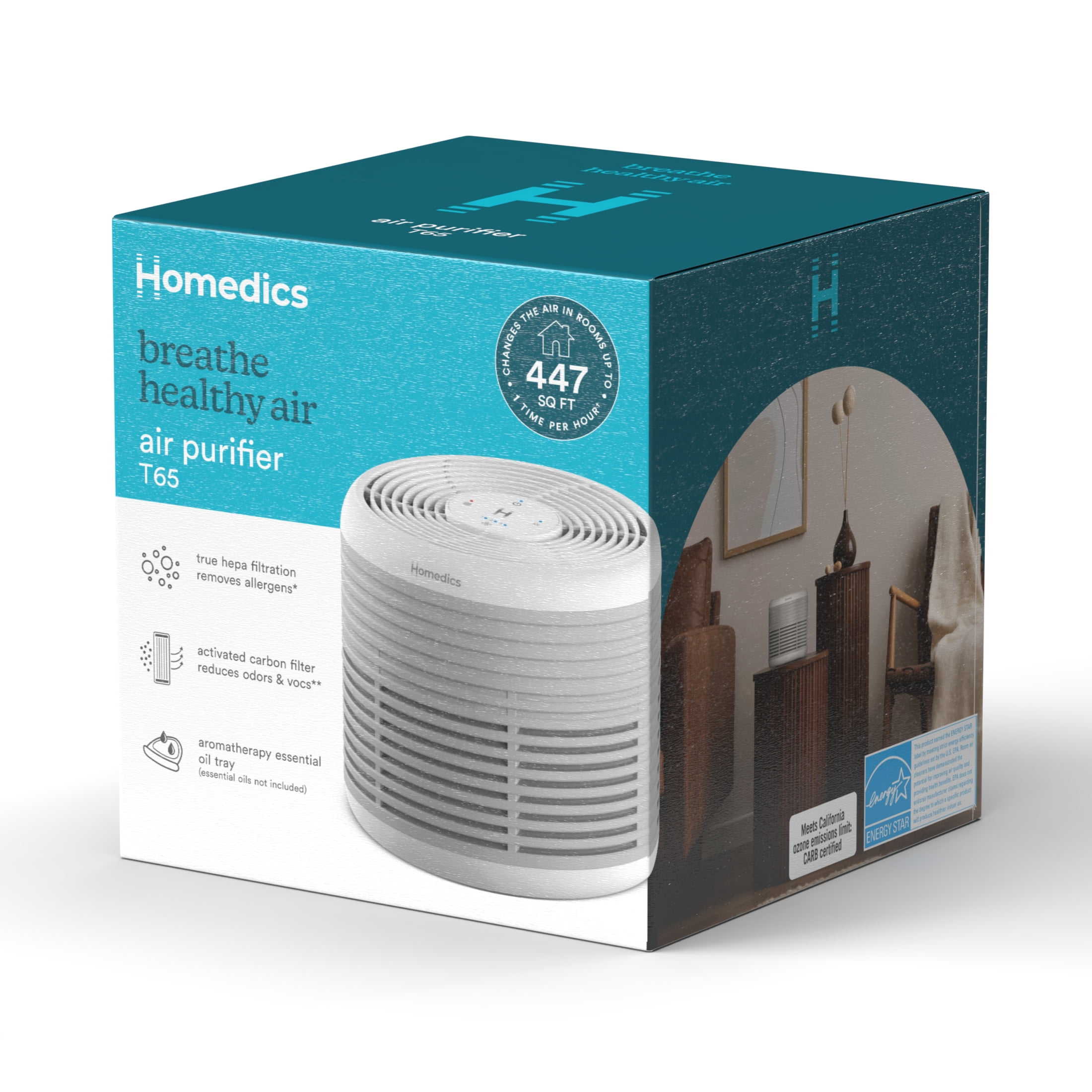 Homedics Total-Clean 3-in-1 Air Purifier-360-Degree HEPA Filter for 447 Sq. ft., Activated Carbon, Essential Oil Aromatherapy, AP-T65-GY,Grey