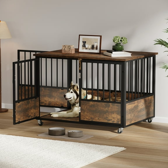 Uforic 43" Rustic Brown Dog Crate Furniture with Wheels, Double-Door Kennel for Small/Medium/Large Dogs, Escape-Proof Indoor Pet Cage, Wooden End Table