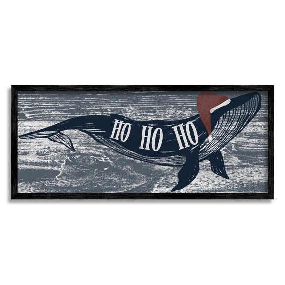 Stupell Industries Ho Ho Ho Christmas Santa Whale Holiday Painting Black Framed Art Print Wall Art