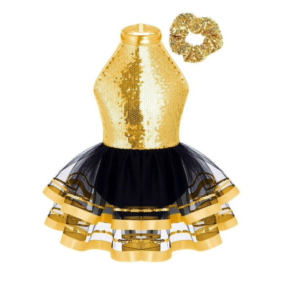 Haitryli Girls Ballet Jazz Latin Dress Shiny Sequins Gymnastic Leotard Ballet Dance Performance Costume with Hair Tie Gold 4