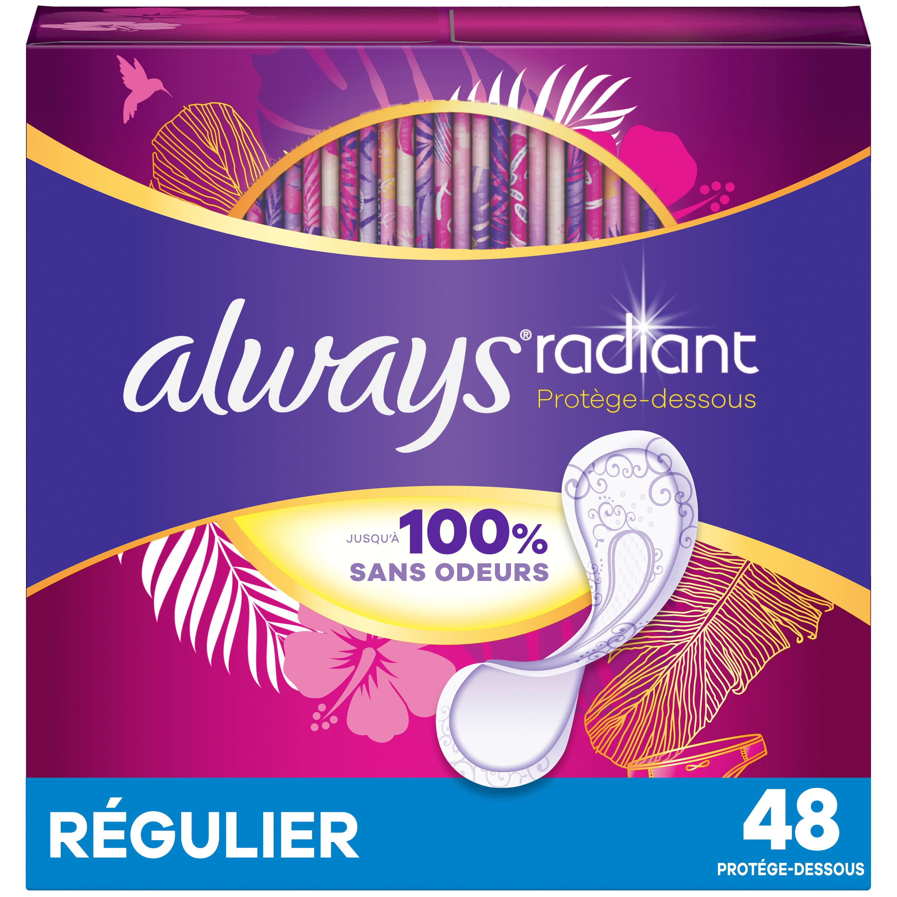 Always Radiant Daily Liners Light Absorbency, Regular Length, Up to 100% Odor Free and Fragrance Free, with Edge-2-Edge Adhesive, 48 Count