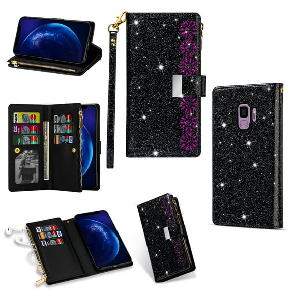 For Samsung Galaxy S9 Multi-card Slots Starry Sky Laser Carving Glitter Zipper Horizontal Flip & &
