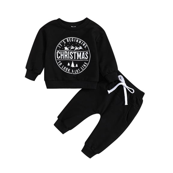 Emitonse Baby Boy Clothes Flannel Plaid Outfits Toddler Boys Girls Long Sleeve Christmas Letter Prints T Shirt Pullover Tops Pants Outfits Size 12-18 Months,Black