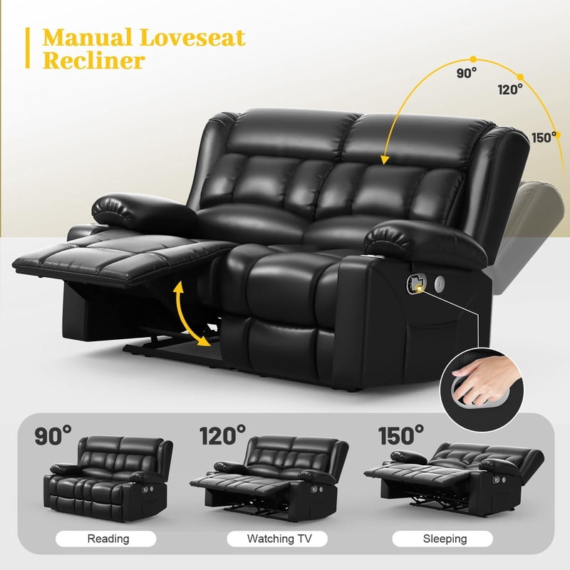 LOBERFVE Loveseat Recliner Sofa, PU Leather Reclining Loveseat with USB Charge Ports, Cup Holders, 2 Seater Manual Pull Tab Recliner Sofa Couches for Living Room, Black