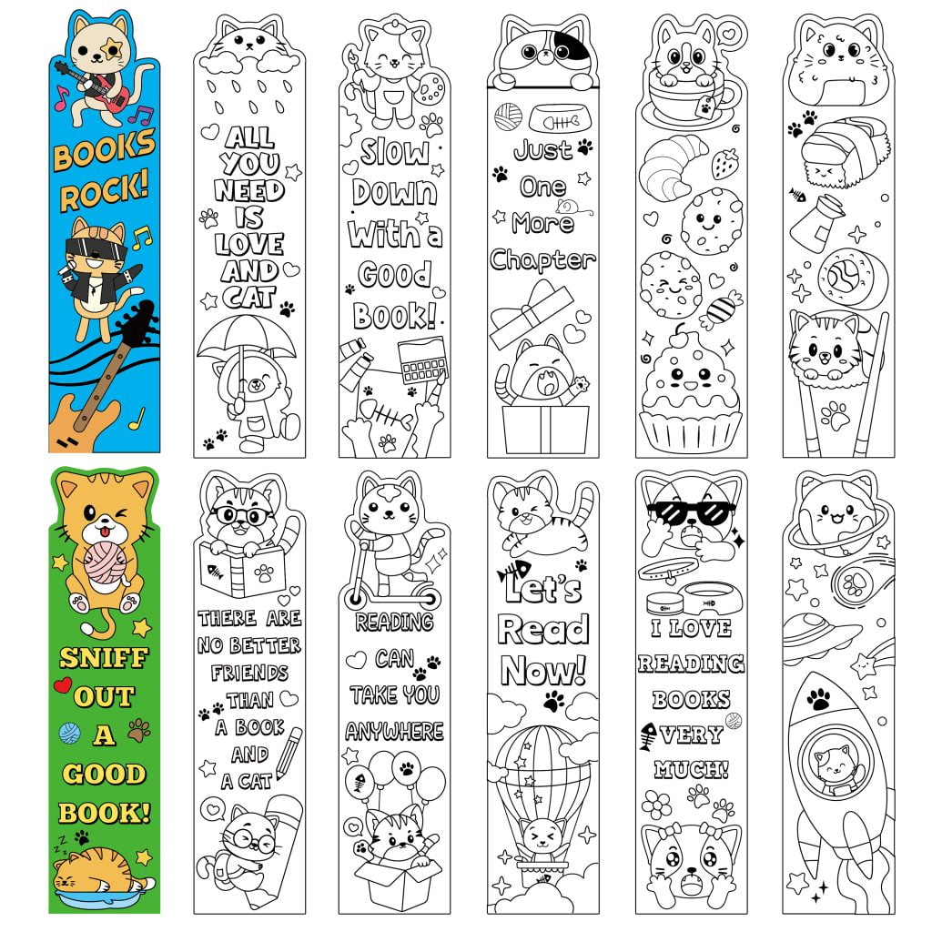 3sscha Color Your Own Cat Bookmarks for Kids DIY Coloring 72Pcs