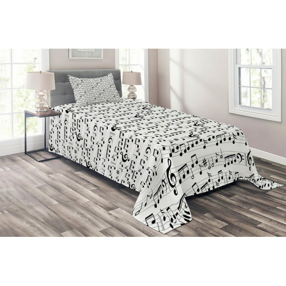 Ambesonne Music Quilted Coverlet 2 Pcs, Abstract Clef Sheet, Twin Size, Black White