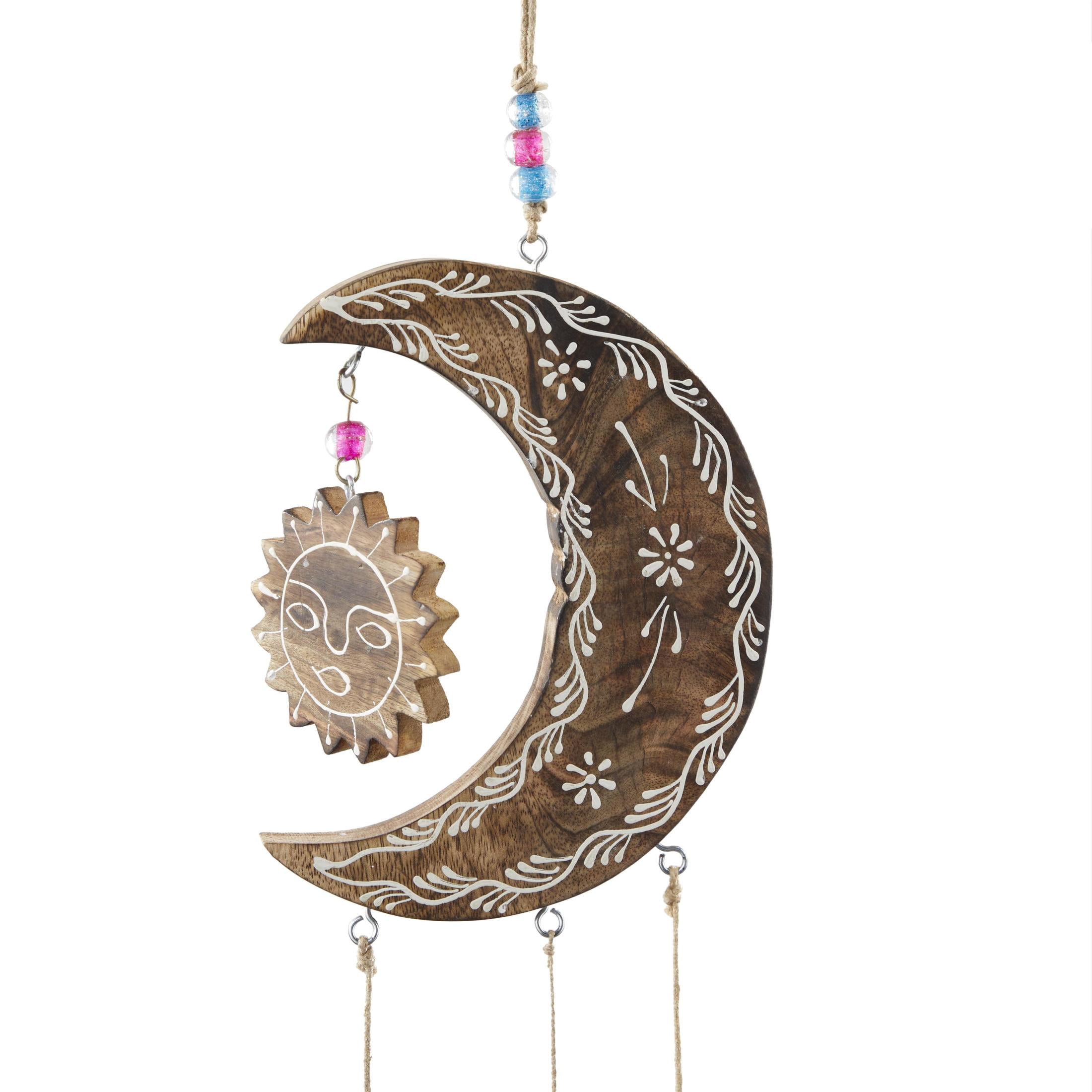 DecMode 34" Gold Mango Wood Handmade Sun and Moon Windchime with Glass Beads and Cone Bells