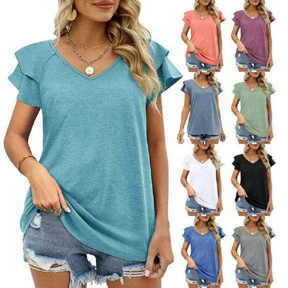 Womens Ruffle Sleeve T Shirts Petal Sleeve V Neck Casual Tees Summer Basic Tops