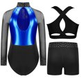 thumbnail image 4 of Aiihoo Kids Girls Gymnastics Ballet Dance Mesh Long Sleeve Shiny Rhinestones Leotard with Vest Shorts for Training Performance Blue 12, 4 of 5