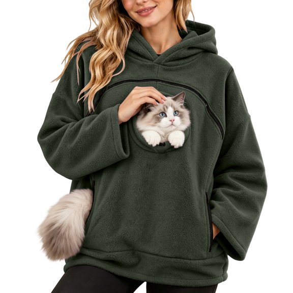Womens Pet Pouch Hoodie Cat Carrier Sweatshirt Oversized Casual Long Sleeve Pullover Side Zip Pockets Going Out Tops Small Pet Carrier Hoodie with Zipper Pouch Adjustable Opening