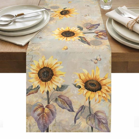 Yellow Sunflowers Table Runner - 72 Inch Long, Kitchen Dining Table Runner Dresser Scarves, Retro Floral Leaves Butterfly Plants Khaki Farmhouse Decor for Coffee Tables Wedding Party Banquet