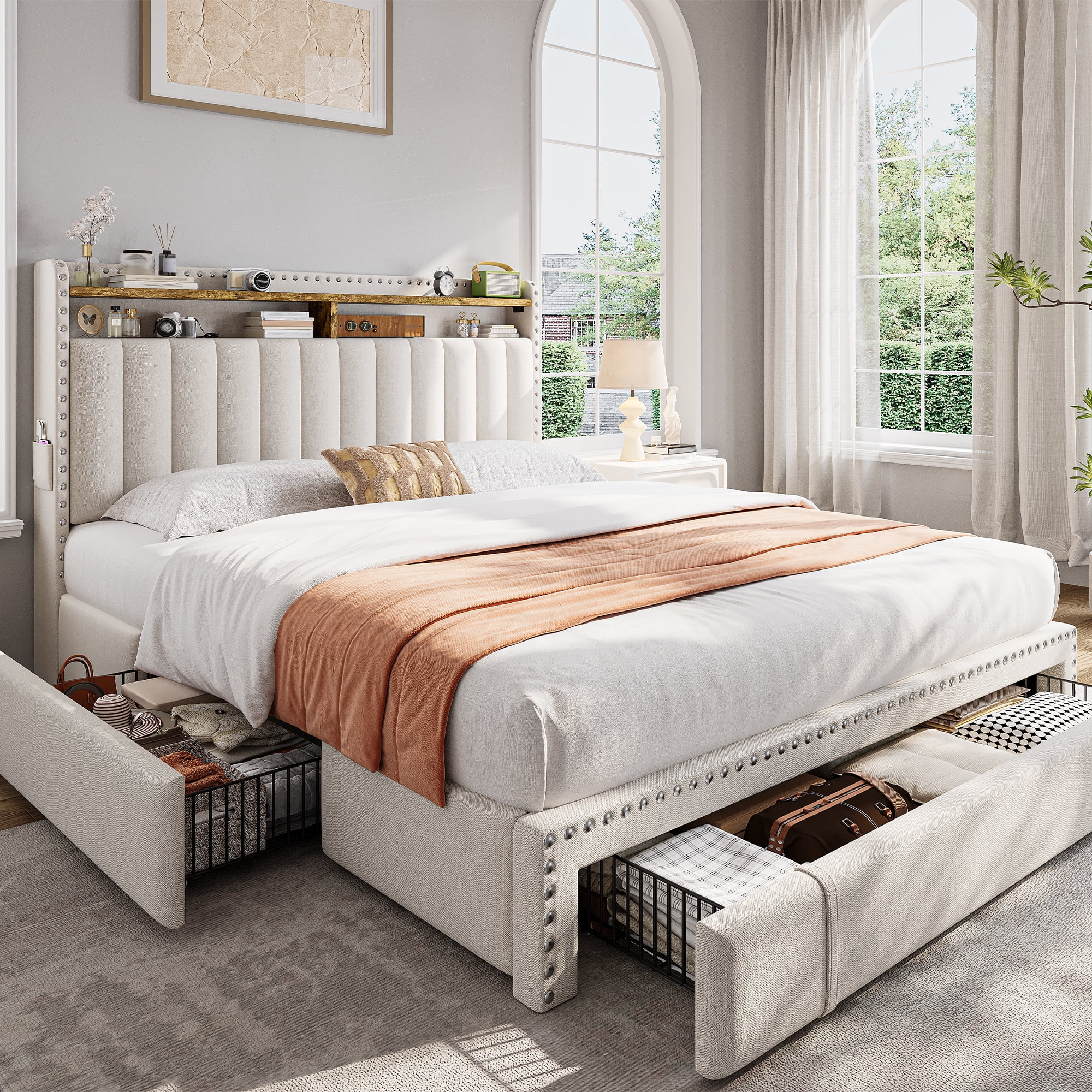 Queen Size Bed Frame with 3 Storage Drawers Upholstered Bed Frame with 2-Tier Shelf Bed Frame with Headboard & Side Pockets,Beige