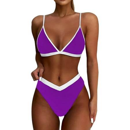 Women s Two-Piece Bikini Set Triangle Top and High Waist Bottom Swimwear Colorblock Design Plus Size Swimsuits Womens Bathing Suits 2025 Purple L