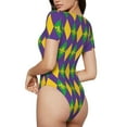 thumbnail image 3 of KLL Women 's Crew Neck Bodysuit Jumpsuits Mardi Gras Print Short onesies Stretch T Shirts, 3 of 7