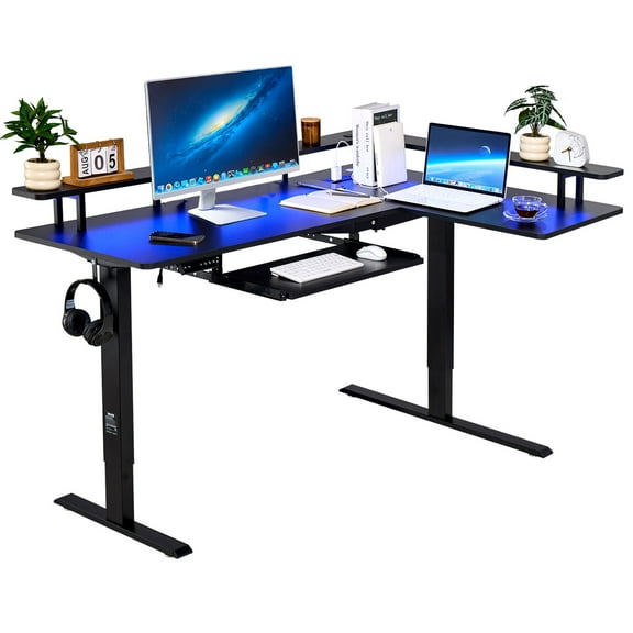 VEVOR L Shaped Desk, Electric Adjustable Height Corner Gaming Desk with Keyboard Tray and Dual Hooks, Heavy Duty L-Shaped Computer Table with Light Strip for Home Office, Easy to Assemble, Black