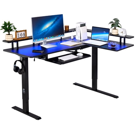 VEVOR L Shaped Desk Electric Adjustable Height Corner Gaming Desk with Keyboard Tray and Dual Hooks Heavy Duty L-Shaped Computer Table with Light Strip for Home Office Easy to Assemble Black