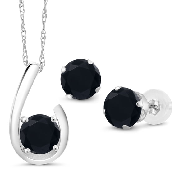 Gem Stone King 10K White Gold Black Onyx Pendant Earrings Jewelry Set for Women | 2.10 Cttw | Gemstone December Birthstone | Round 6MM | with 18 inch Chain