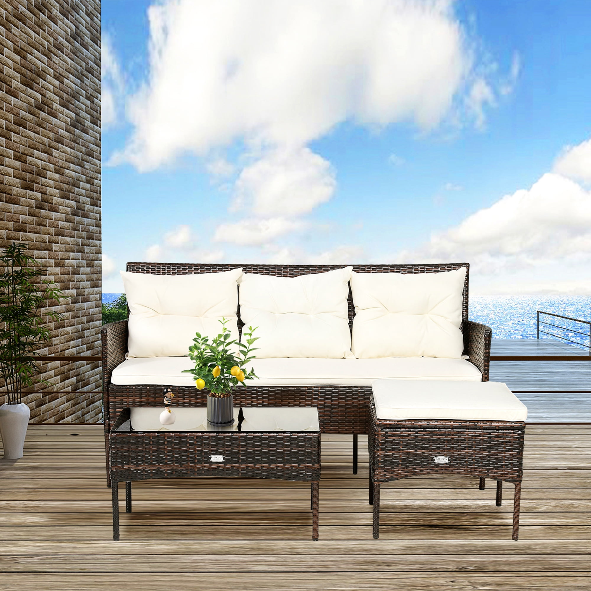 Gymax 3PCS Patio Rattan Sectional Conversation Furniture Set w/ Off White Cushions