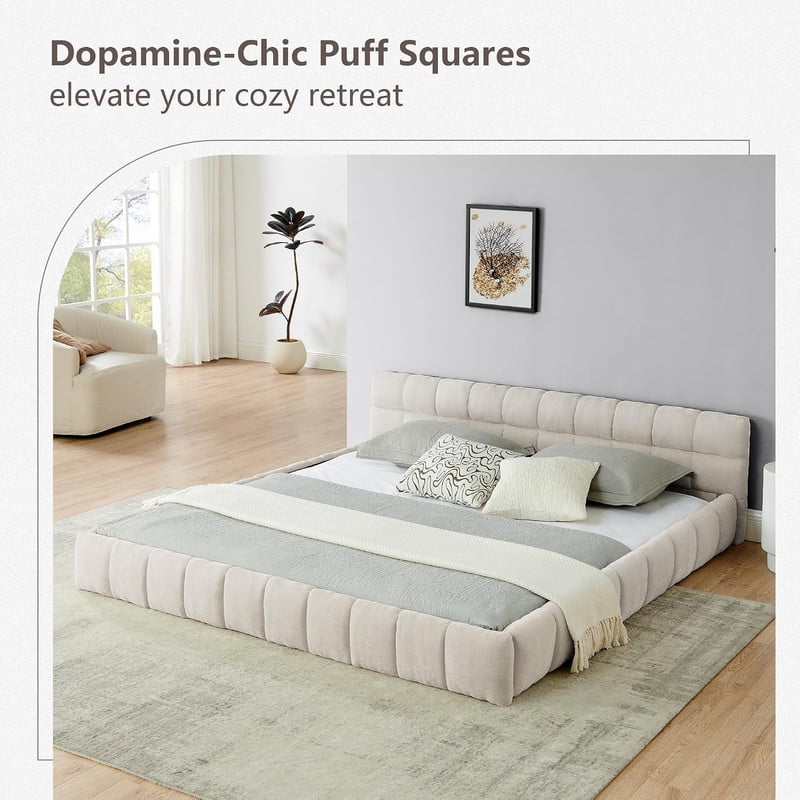 King Size Upholstered Platform Bed with Thick Fabric, Chenille Fabric Grounded Bed Floor Bed with Headboard and Solid Frame, No Box Spring Needed