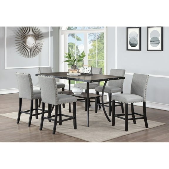 Modern Counter Height Dining Table And Chair With Storage: Natural Wood, Gray Fabric, Nail Heads Trim Classic Wood & 6 Cushioned Chairs In Gray: Storage