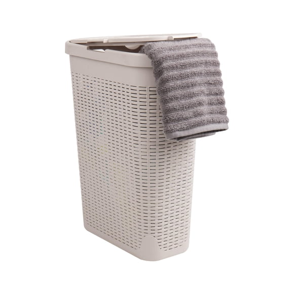 Mind Reader Cesto para la colada delgado de 40 L, cesto para ropa, tapa, diseño de mimbre, plástico, 18 pulgadas de largo x 10,4 pulgadas de ancho x 23,5 pulgadas de alto, marfil
