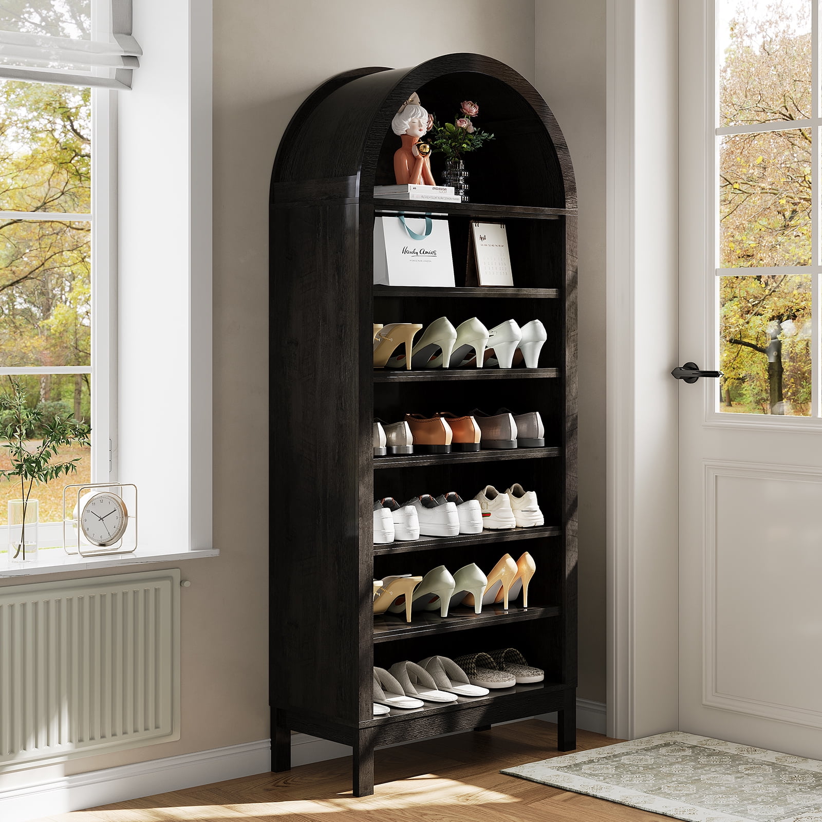 Industrial 71" Tall Arched Shoe Cabinet, 7-Tier Wooden Shoe Rack with Adjustable Shelves, Freestanding Modern Organizer Storage Shelf for Entryway, Closet, Hallway, Living Room