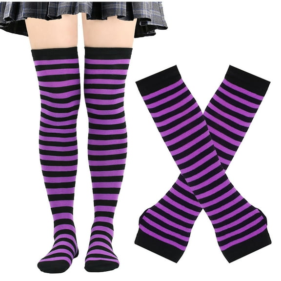 Wancir 2PC-Set Womens Striped Knee High Socks Long Knitted Arm Warmers Fingerless Gloves for Halloween Costume