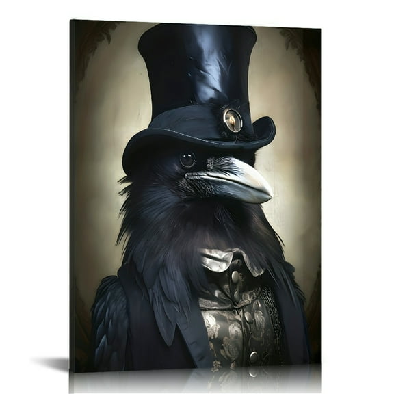 Vintage Elegant Black Raven in Top Hat Canvas Wall Art Print Poster - Perfect Gift for Any Room - Halloween Ornament for Living Room, Bedroom, Office, Hallway, Kitchen Decor framed