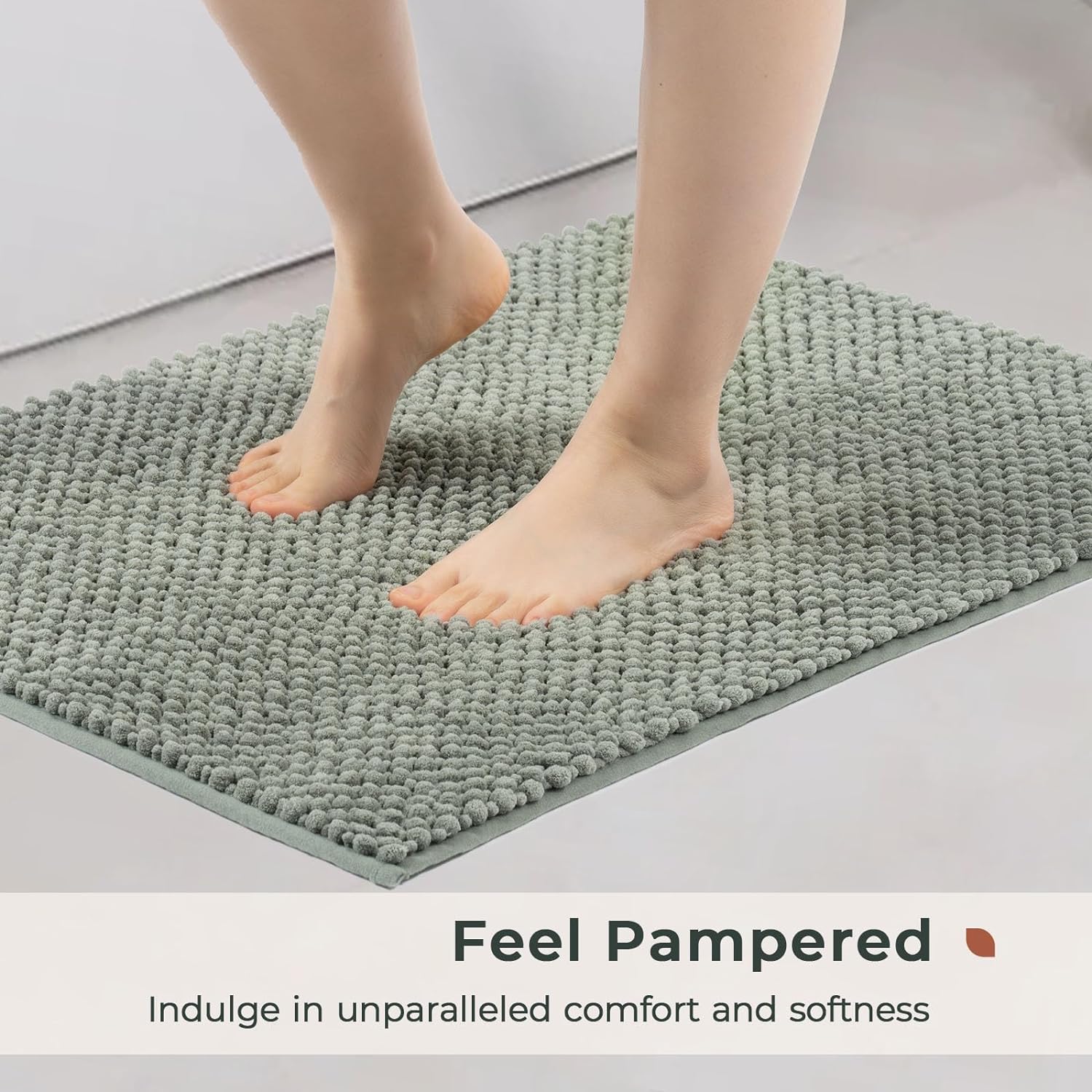 FRESHMINT Chenille Bathroom Rugs 2 Piece Set - Non-Slip Water Absorbent 17''x24''+20''x32''+ Bath Mats, Sage Green
