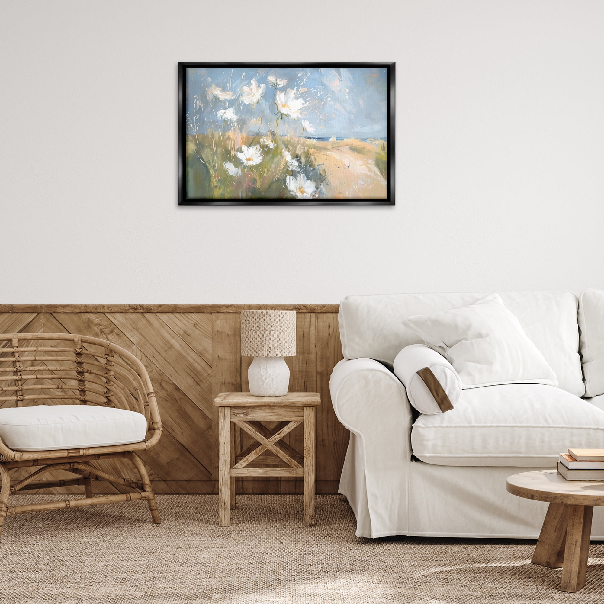 Stupell Industries Seaside Wildflowers Scenery Botanical & Floral Painting Black Floater Framed Canvas Art Print Wall Art, 31 x 21