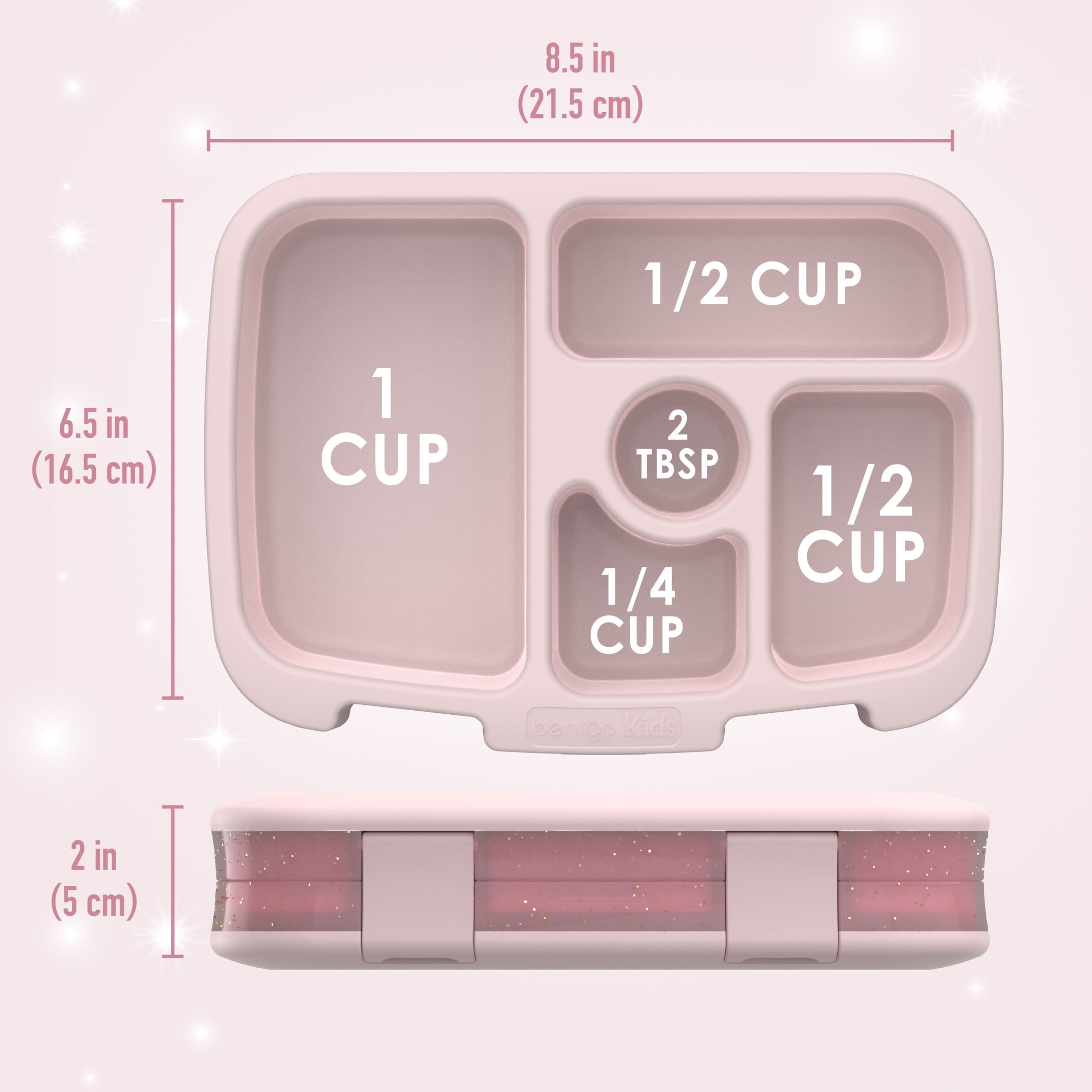 Bentgo Kids 5-Compartment Lunch Box - Glitter Design for School, Ideal for Ages 3-7, Leak-Proof, Drop-Proof, Dishwasher Safe, & Made with BPA-Free Materials (Glitter Edition - Petal Pink)