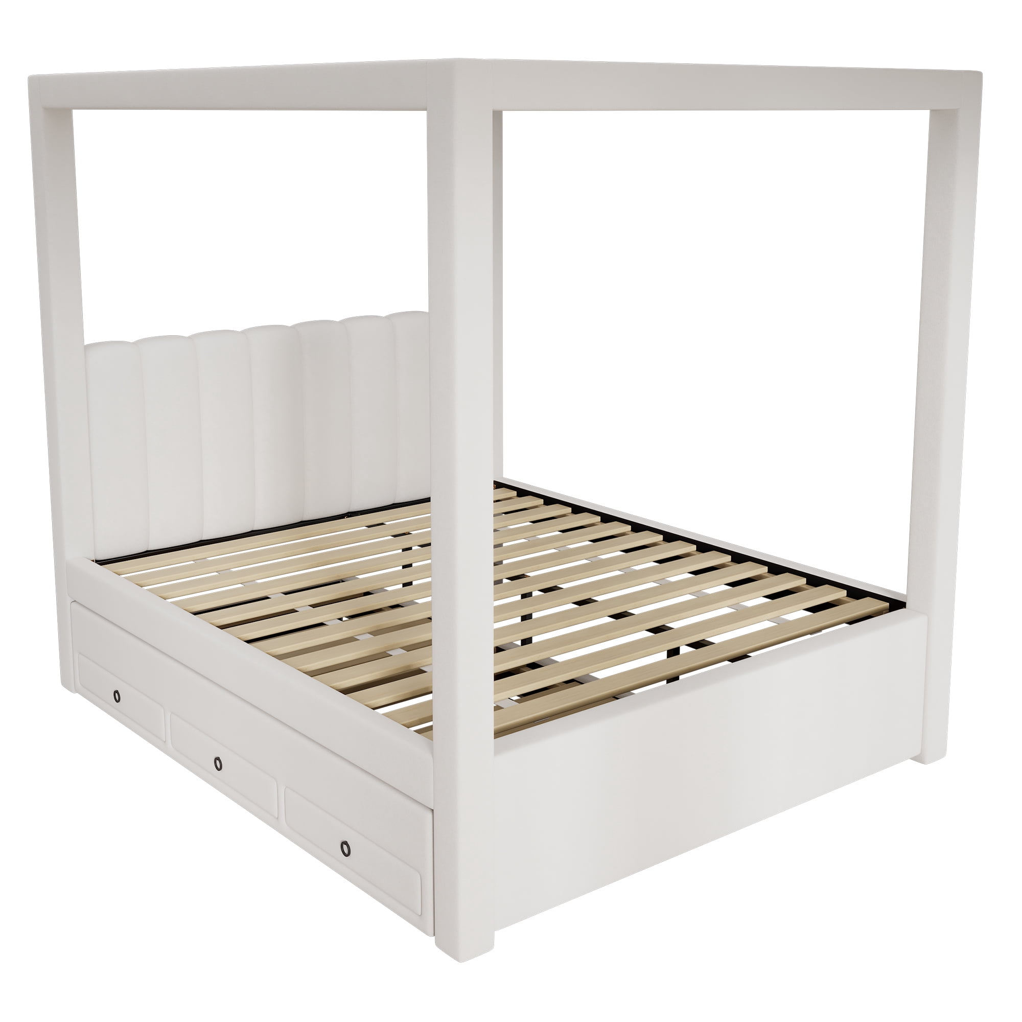 Euroco Upholstery Canopy Queen Platform Bed with Twin Trundle and 3 Drawers, Beige