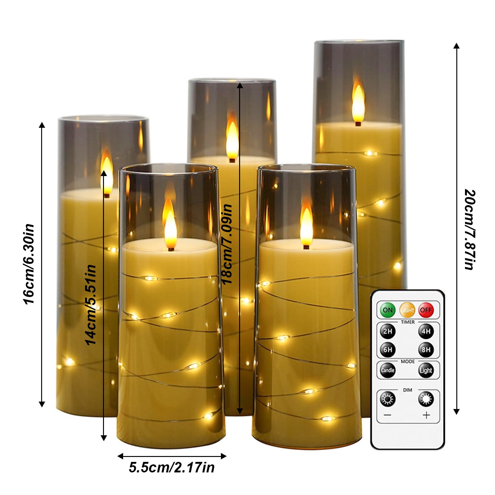 DICEEVIL 5 Pcs Flameless Candles with Embedded Star String, Battery Operated Candles Acrylic LED Pillar Candles with Timer and Remote, Flickering Candle for Romantic Ambiance Home Decoration (Grey)