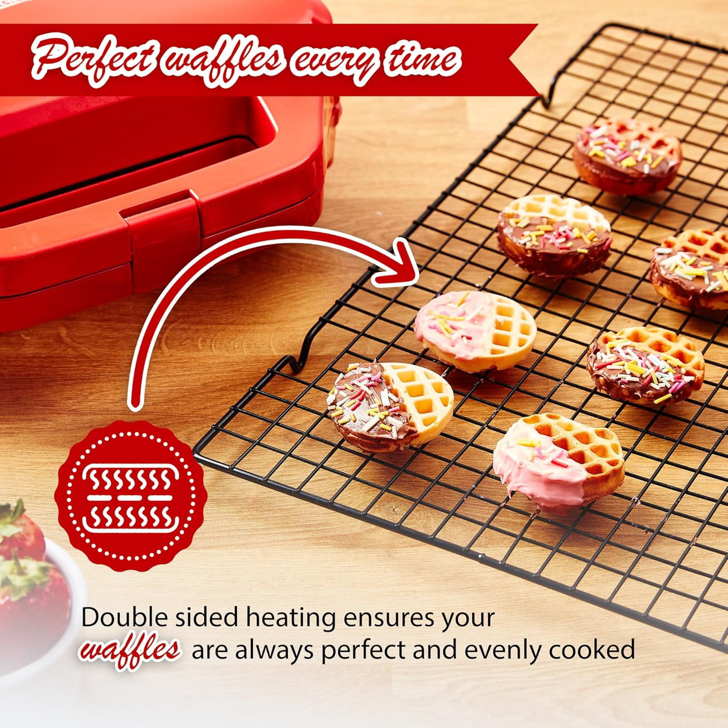 Waffle Maker for Kids, Small Non-Stick Electric Iron Makes 8  Waffles with Recipe Book