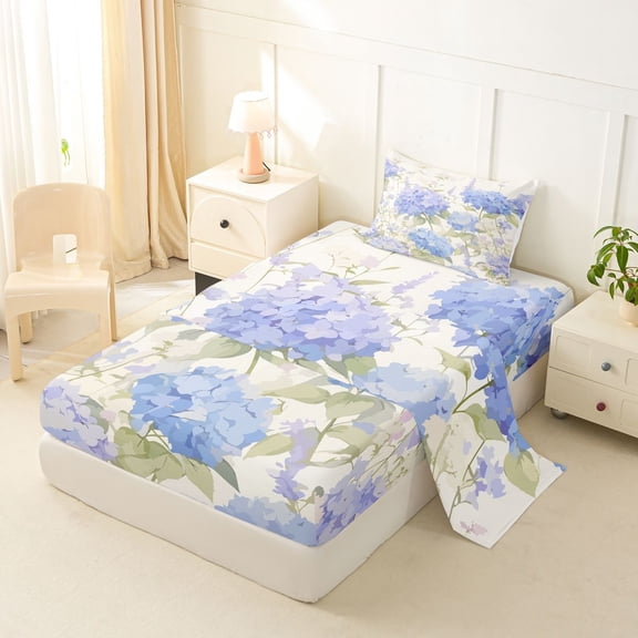 Manfei Chic Hydrangea Flower Twin Sheets, Garden Floral Bedding, Baby Blue Cream Green 3 Pieces(1 Flat Sheet, 1 Fitted Sheet and 1 Pillowcase)