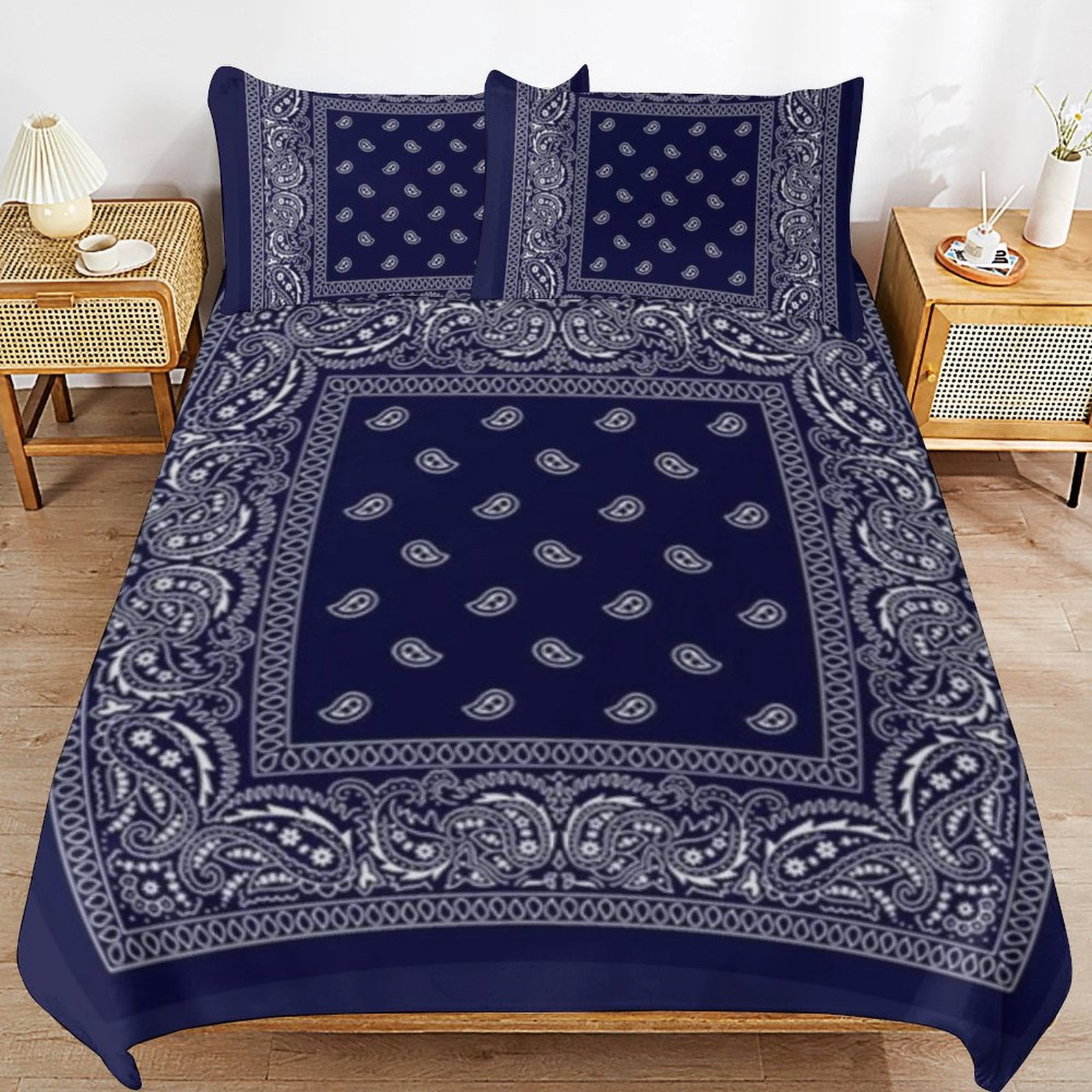 3 Pcs Soft Bedding Set, Includes 1 Duvet Cover with Zipper And 2 Pillow Shams,Bandana Blue King(102"×90")