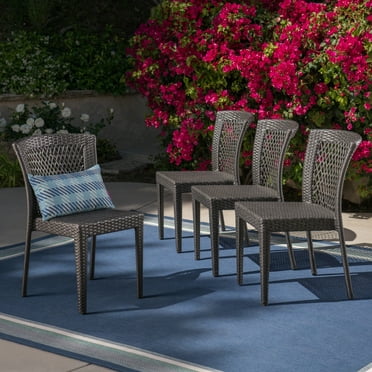 Ricky Outdoor Wicker Stackable Dining Chairs, Set of 4, Grey
