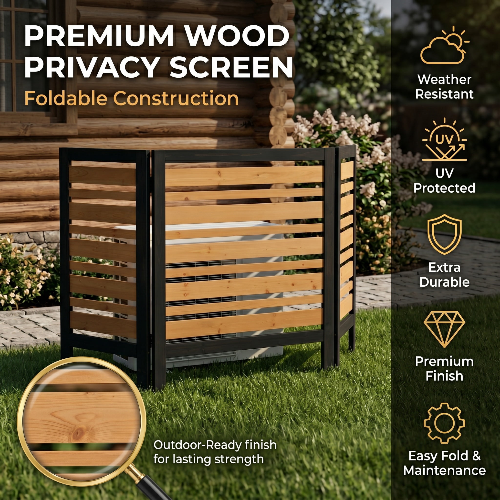 Outdoor Wood Privacy Fence 3-Panel 38W x 42H, Solid Wood Air Conditioner Screen with Slat Spacing for AC Unit Trash Can Pool Pump Enclosure, Black and Gold