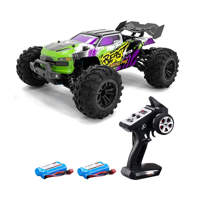 coche todo terreno rc 4wd 70 km/h monster crawler cars sin escobillas drift regalo para niños (sg116pro 2cell) vehículo RC 3/4 frontal verde y morado con gráficos 'BEAST pro', alerón trasero y neumáticos de tacos grandes; incluye control remoto tipo pistola y dos baterías 2 celdas; a menudo se usa en circuitos off-road y como auto RC para prácticas de drift recreativas.