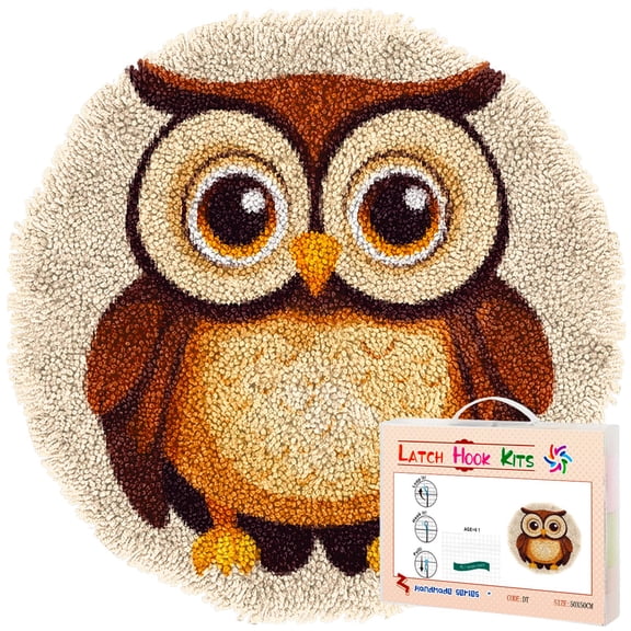 Latch Hook Rug Kit Cute Cartoon Owl Graphic Stamped Handmade Round Shape Carpet Crochet Yarn Craft DIY Hook and Latch Door Mat Tapestry for Home Floor Decor 50x50cm(11)