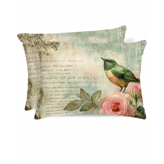 Hokiten Pillow Cases Standard Size Set of 2, Lumbar Pillow Covers, Vintage Pink Floral Satin Pillowcases with Zipper for Hair/Skin, Birds Retro Mottled Middle Century 20x26 Inches