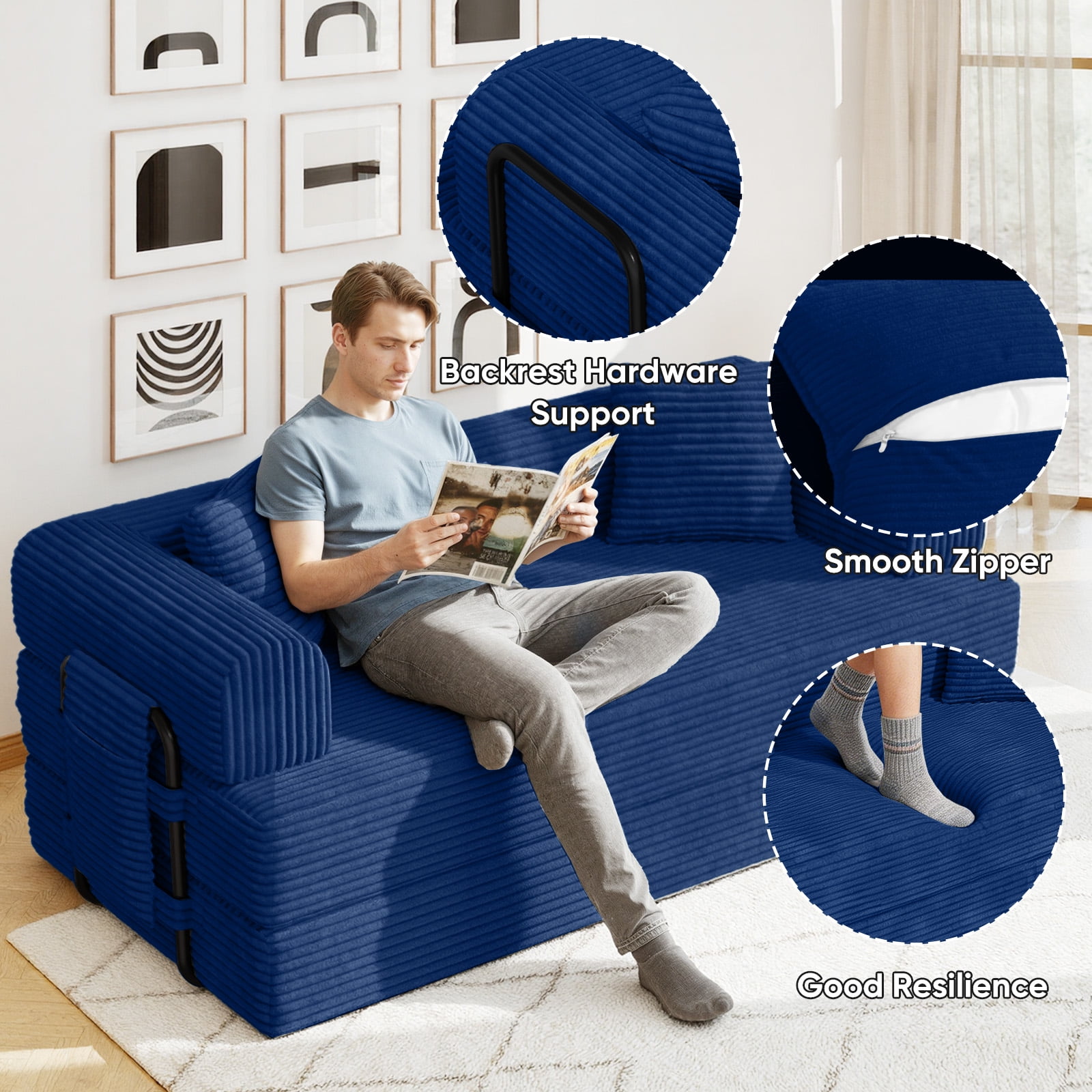 Daluvenix 4-in-1 Folding Convertible Sofa Bed 81 Inch Oversized Corduroy Upholstered Boneless Couch Loveseat Sleeper with Pull Out Bed Blue
