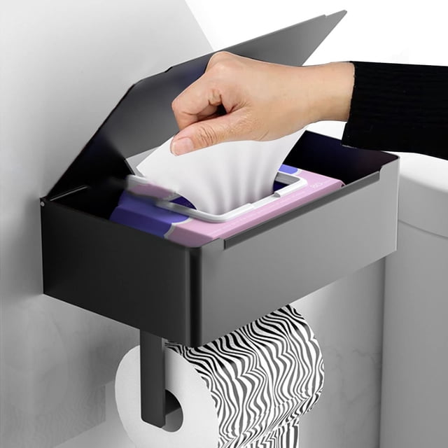 Soporte de papel higiénico con almacenamiento de toallitas, soporte de papel higiénico de montaje en pared con estante, dispensador de toallitas desechables para baño (negro)